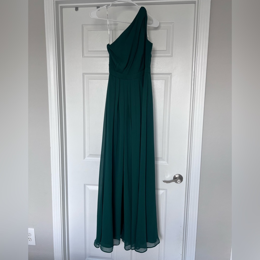 David’s bridal one shoulder crinkle chiffon bridesmaid dress Juniper green